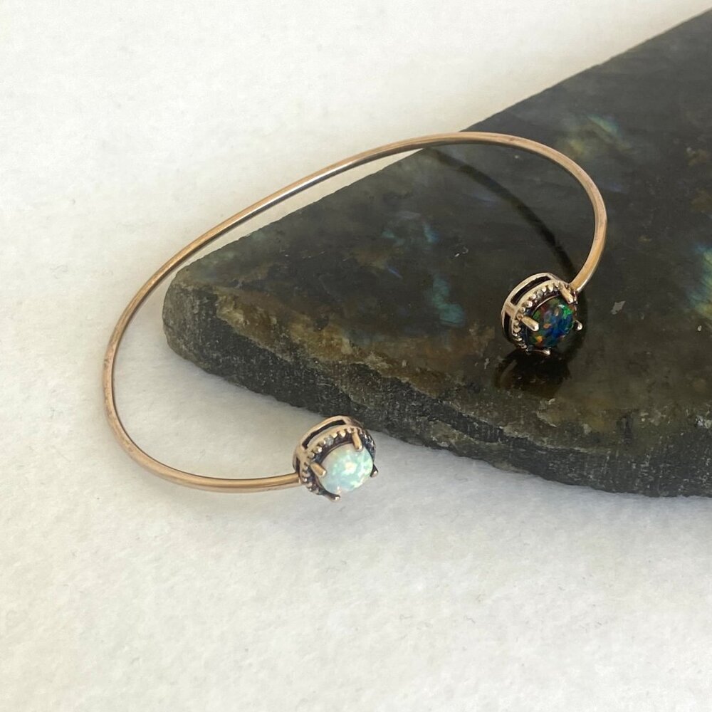 Gold Vermeil Sterling Silver Dainty Black White Opal Diamond Cuff Bracelet 6.25" - Picture 12 of 16